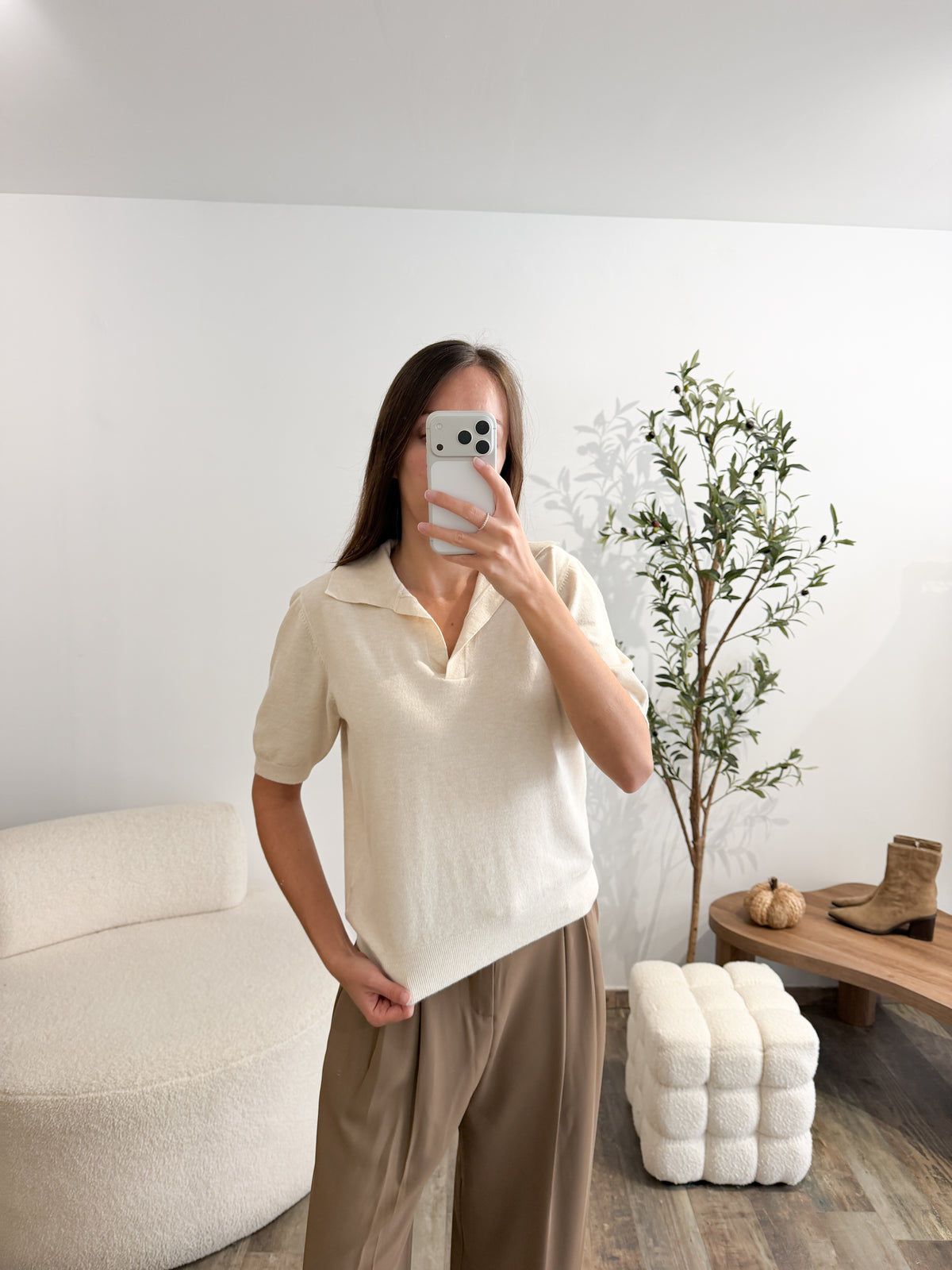 Pull col polo manches courtes beige