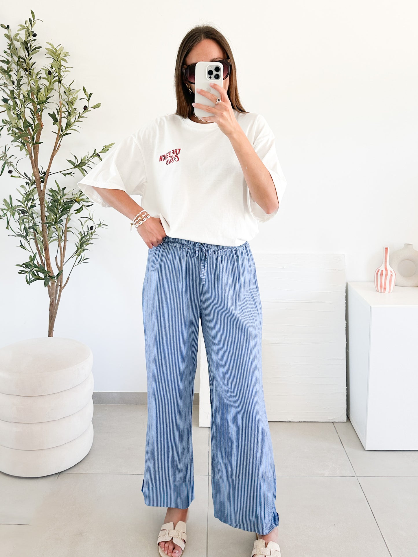 Pantalon en lin rayé bleu