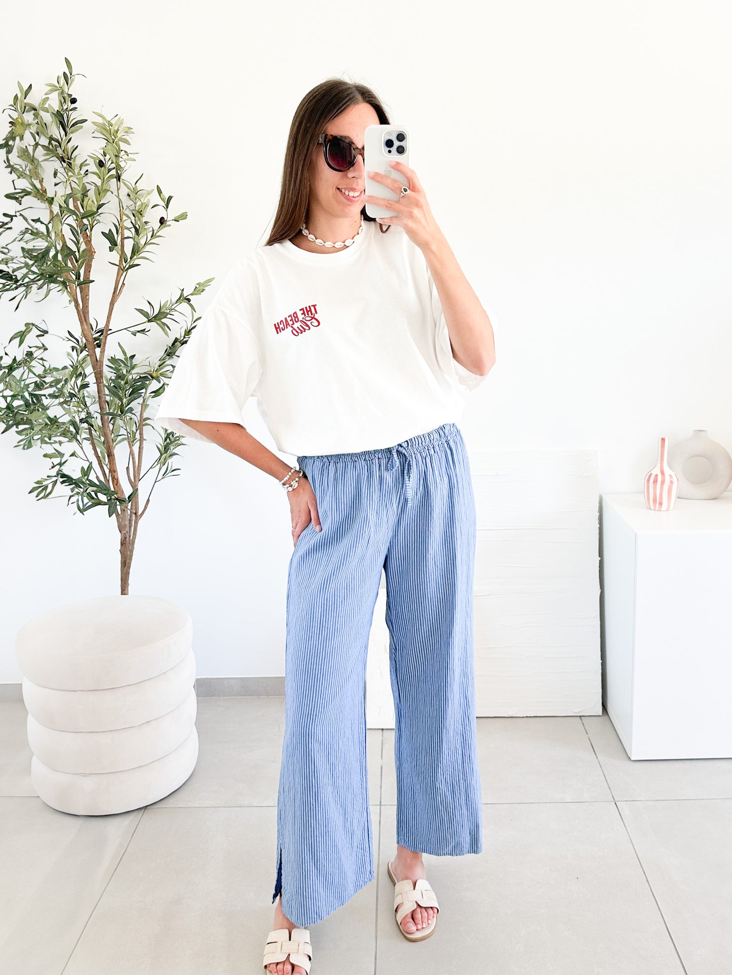Pantalon en lin rayé bleu