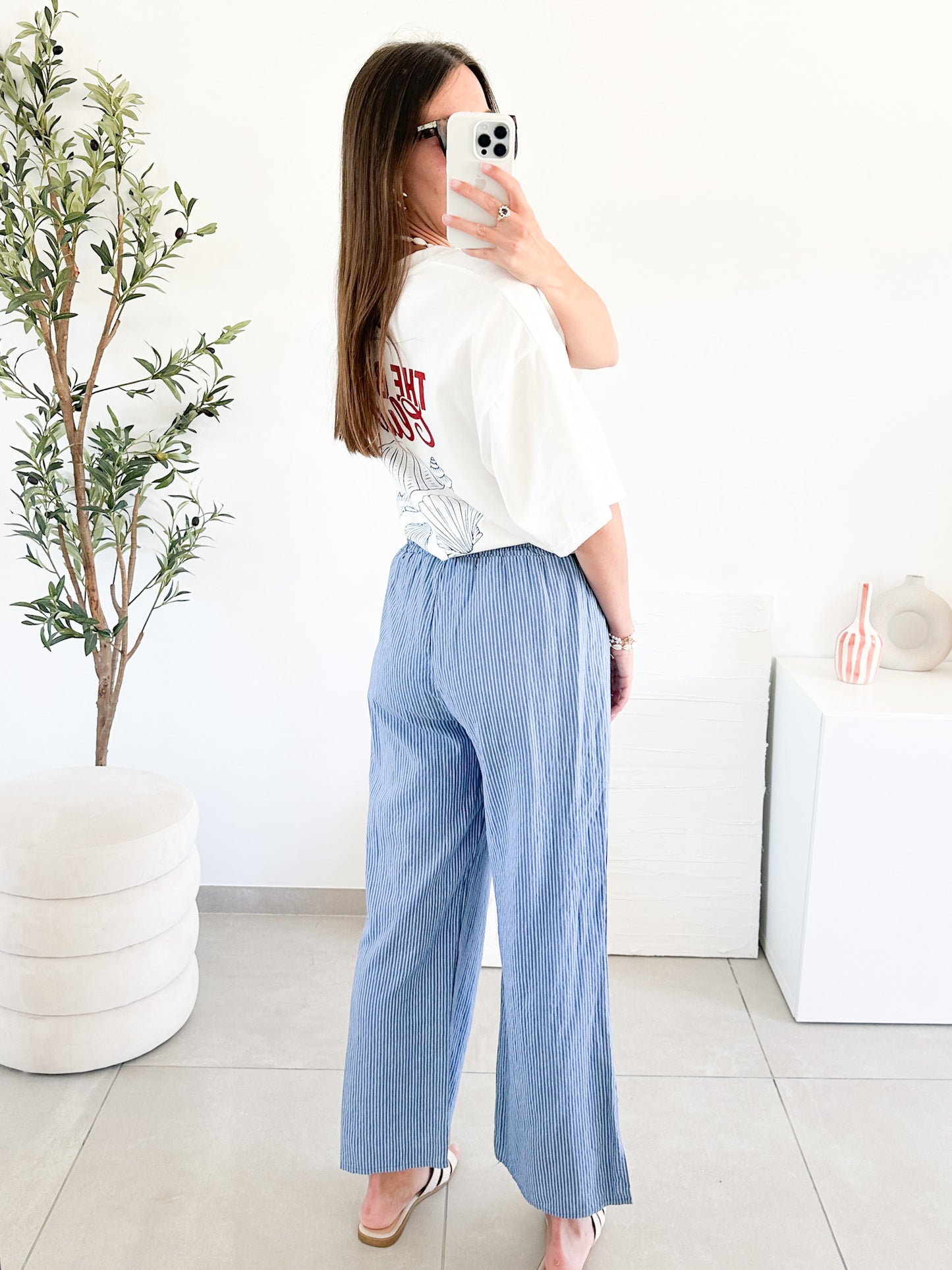 Pantalon en lin rayé bleu