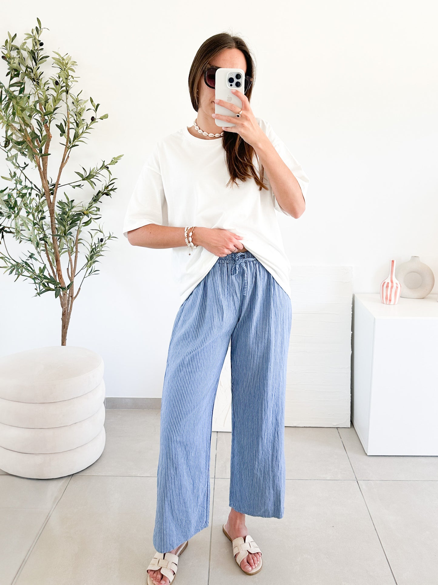 Pantalon en lin rayé bleu