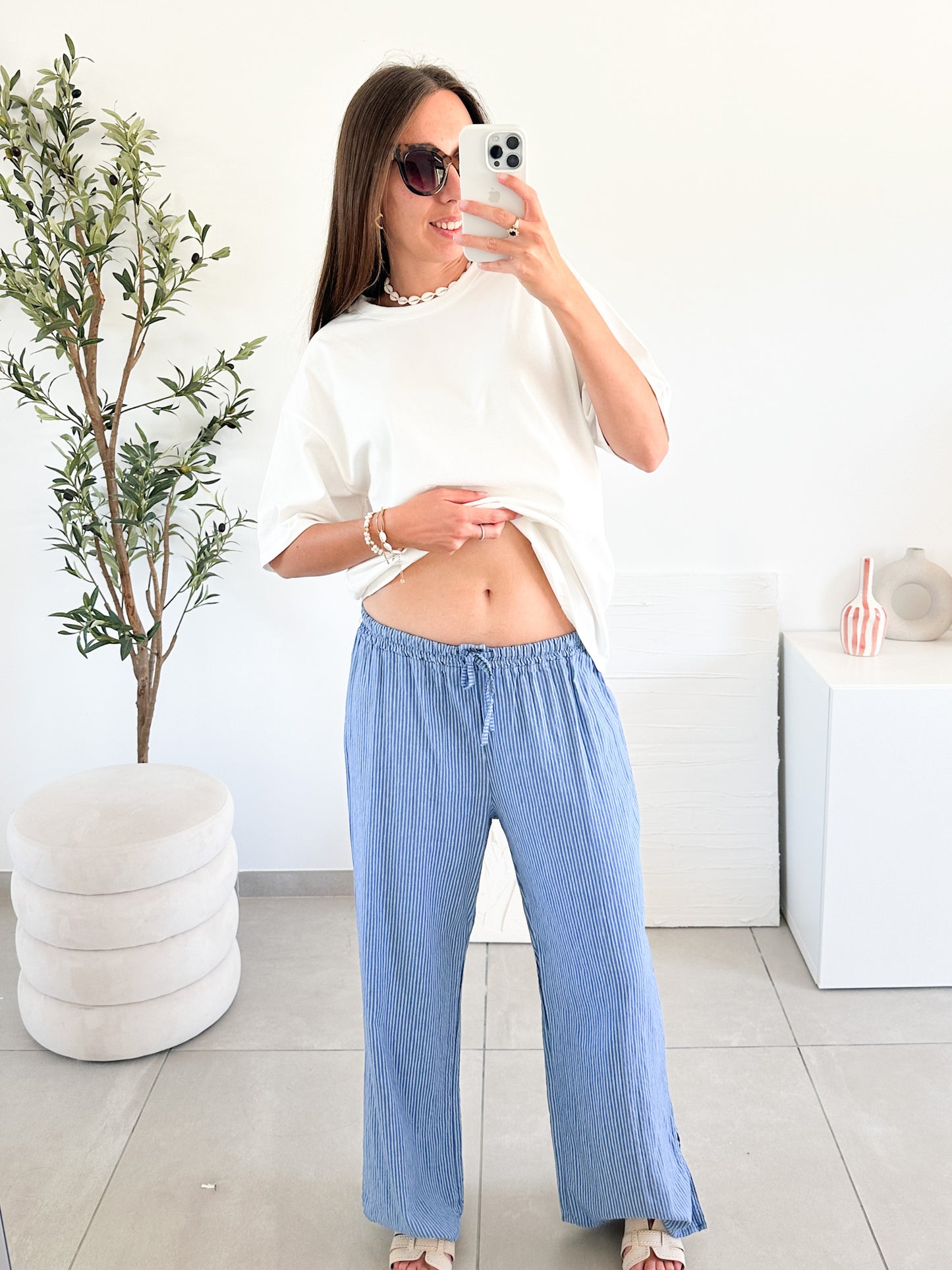 Pantalon en lin rayé bleu