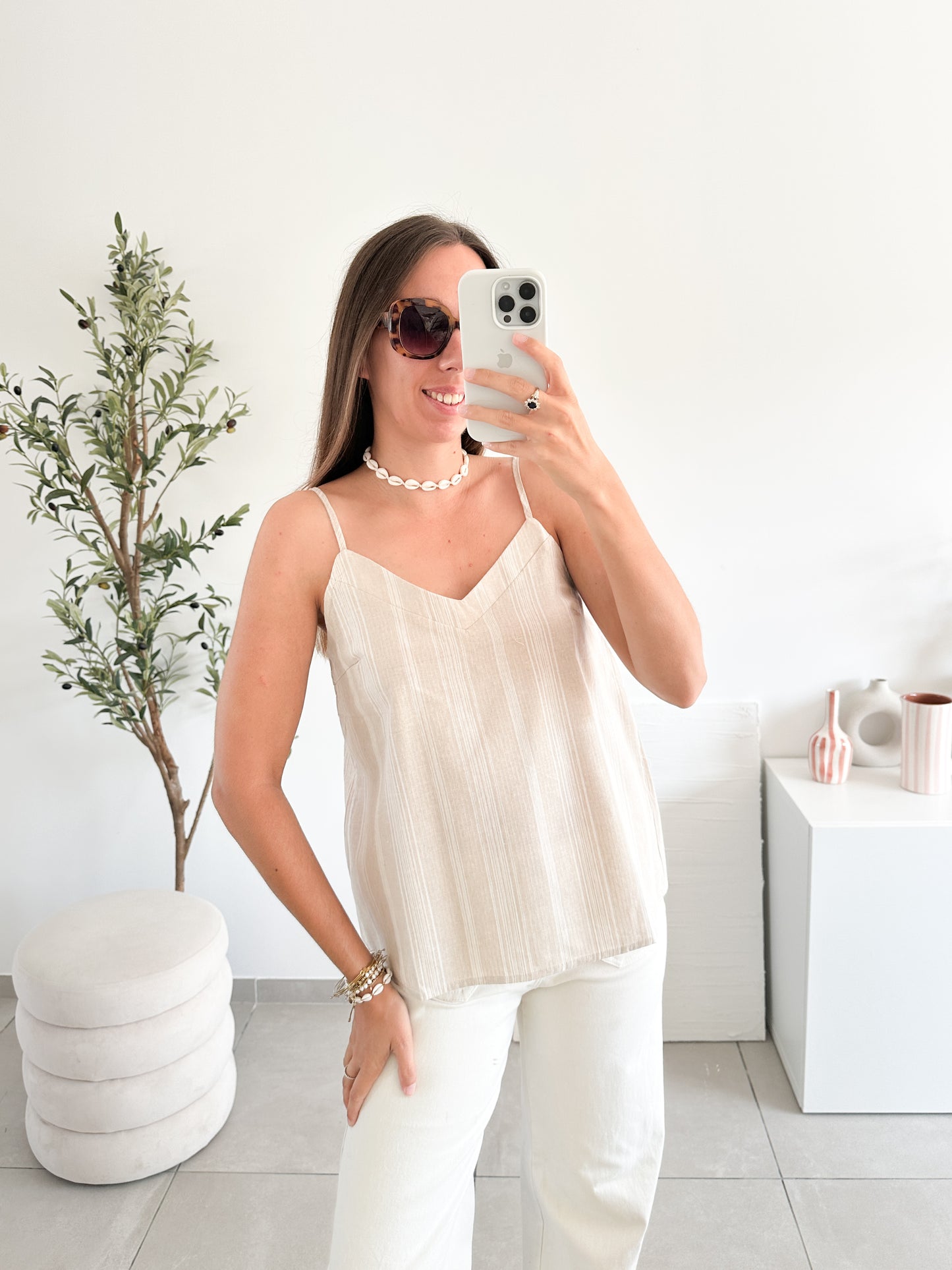Top en coton rayé beige