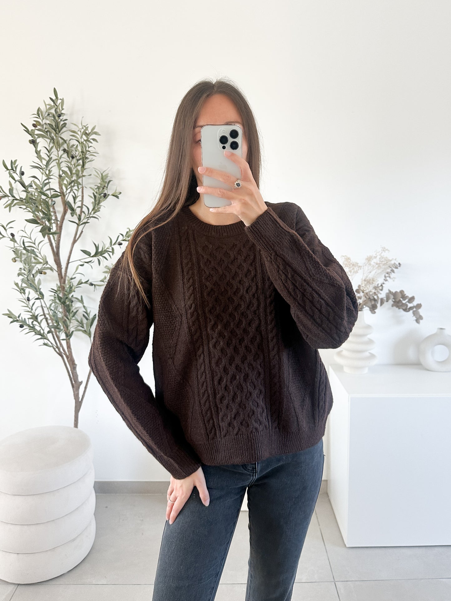 Pull torsade marron chocolat