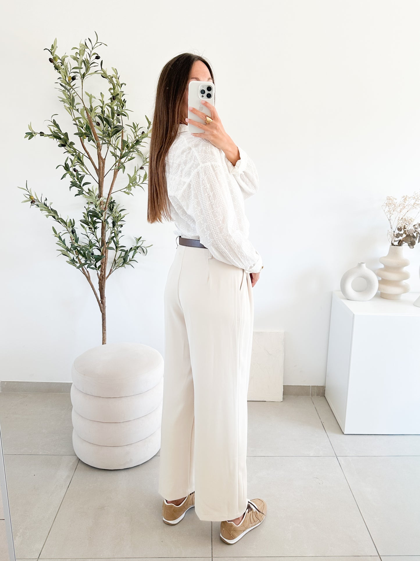 Pantalon avec ceinture écru