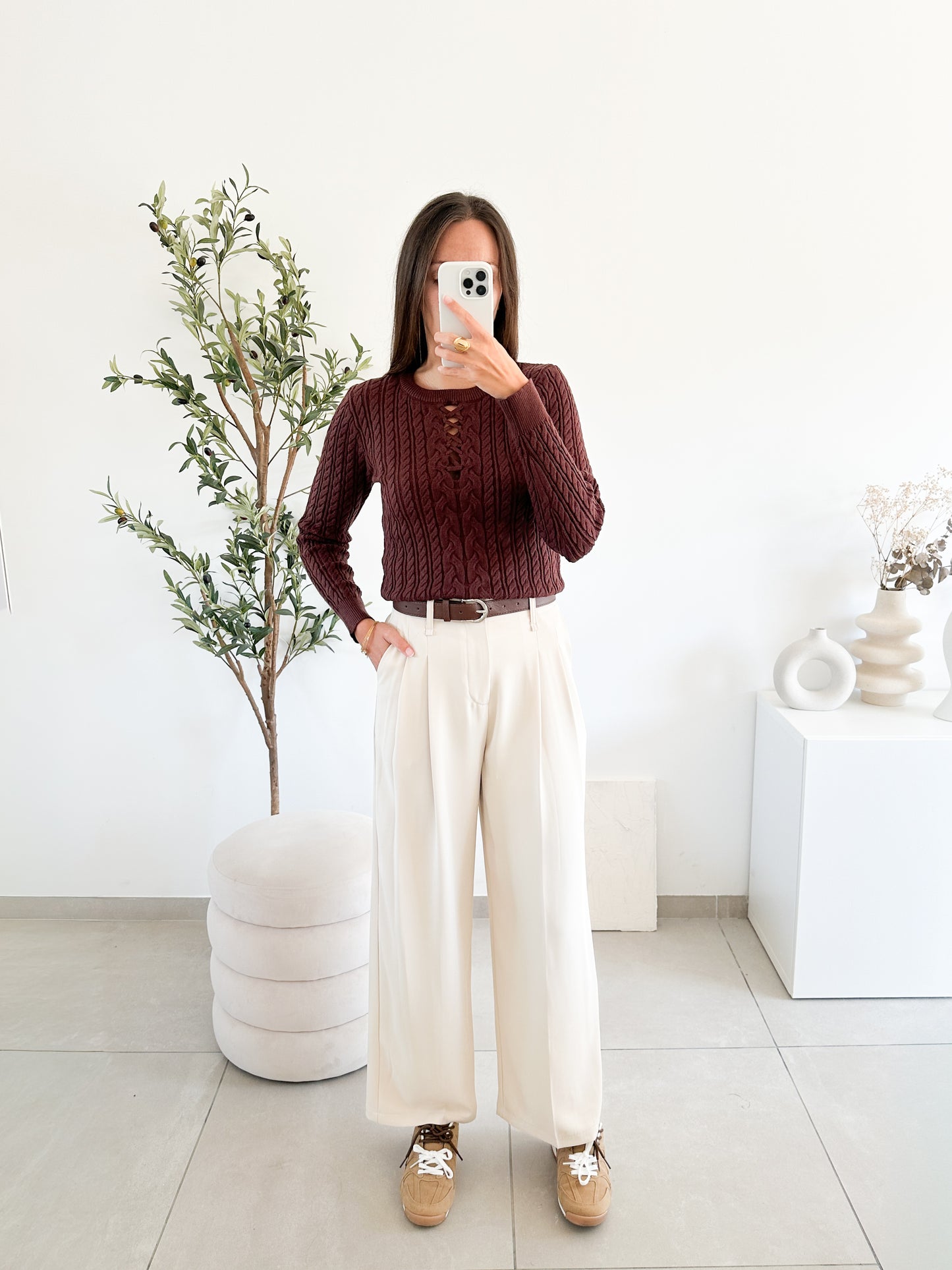 Pantalon avec ceinture écru