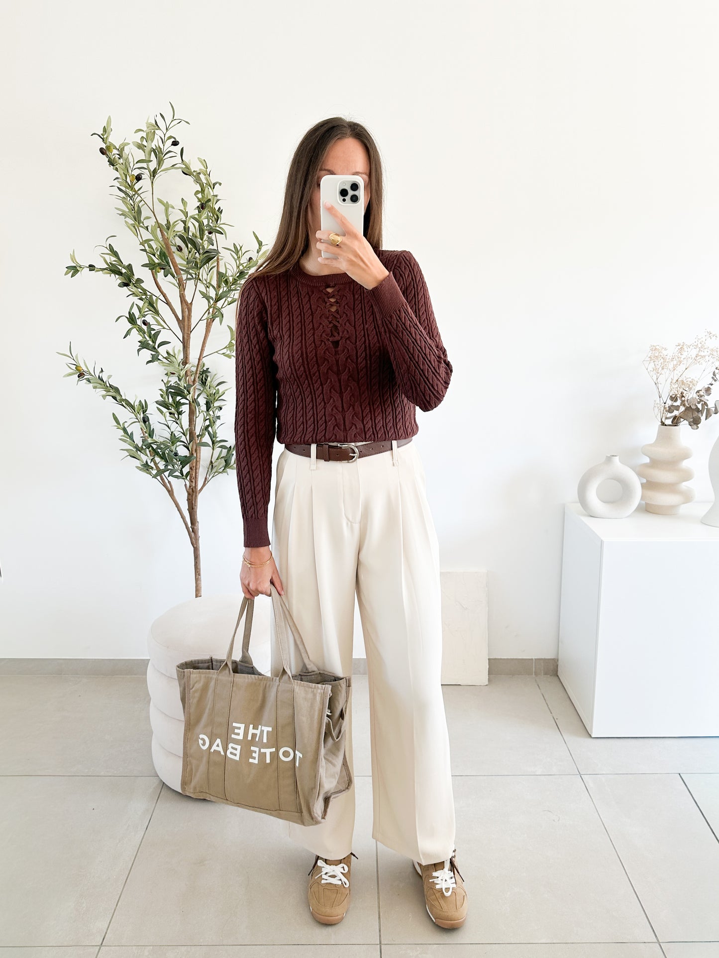 Pantalon avec ceinture écru