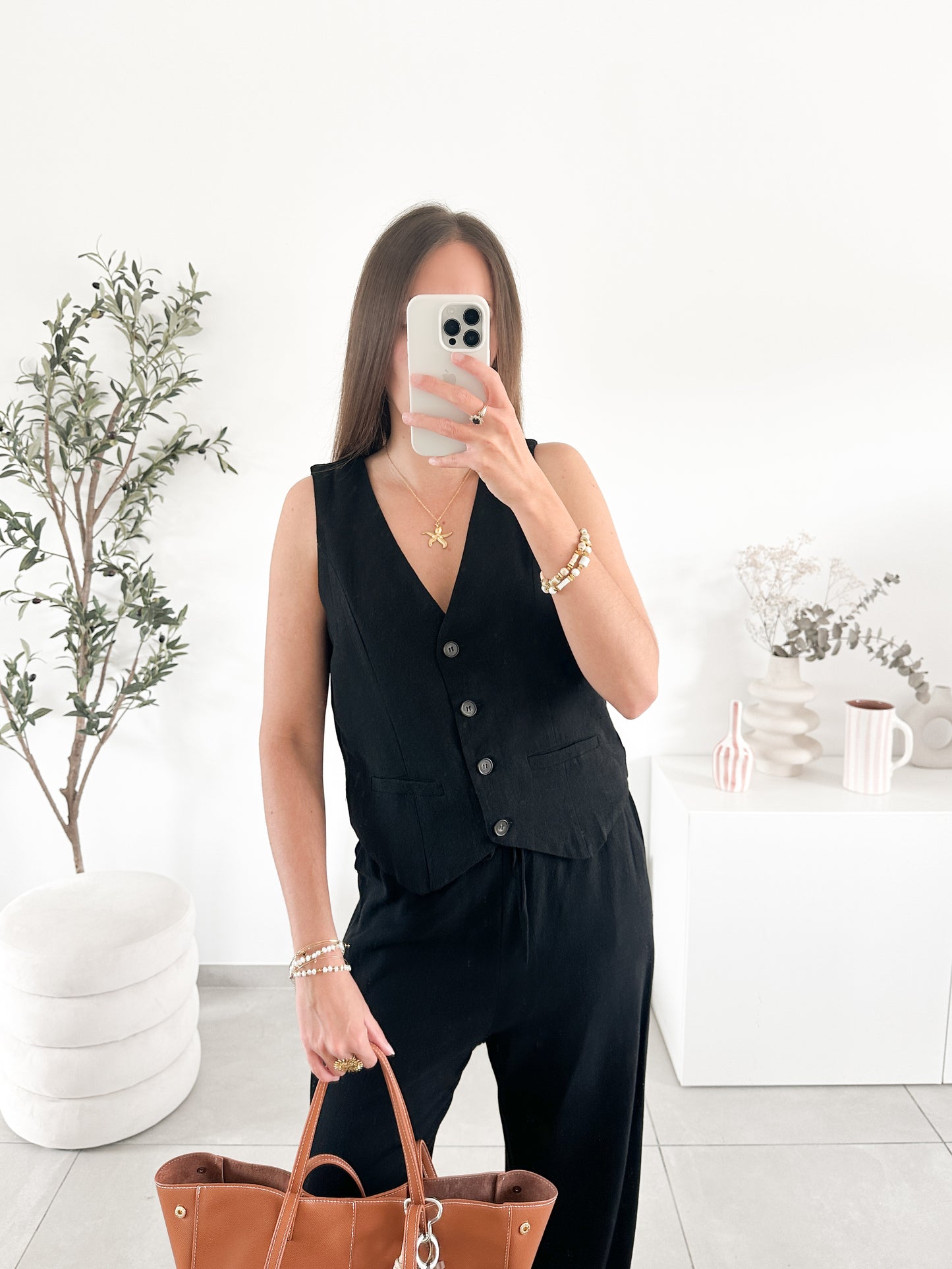 Gilet tailleur en lin noir (précommande expédié le 15 mai)