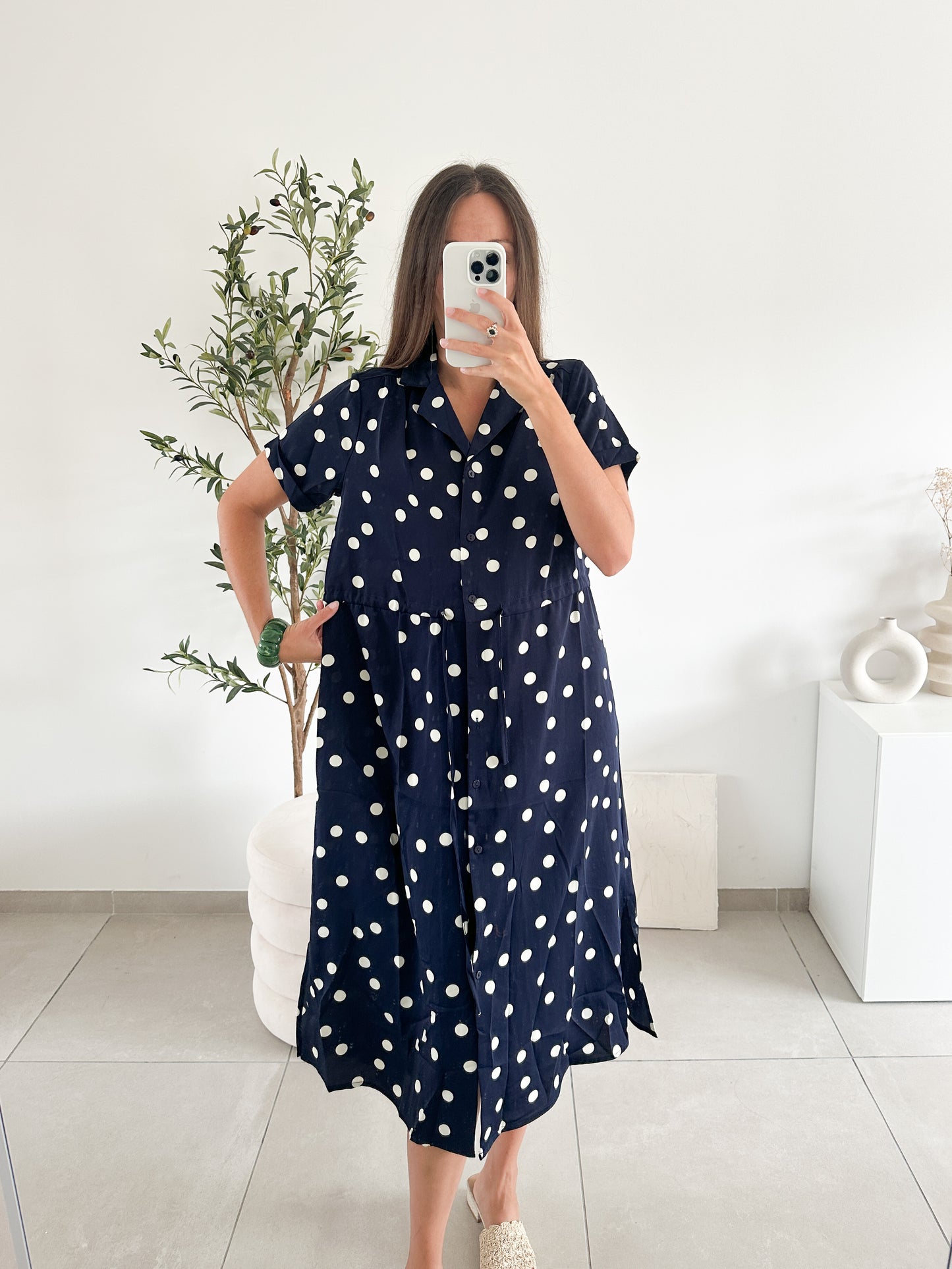Robe midi à pois bleue marine