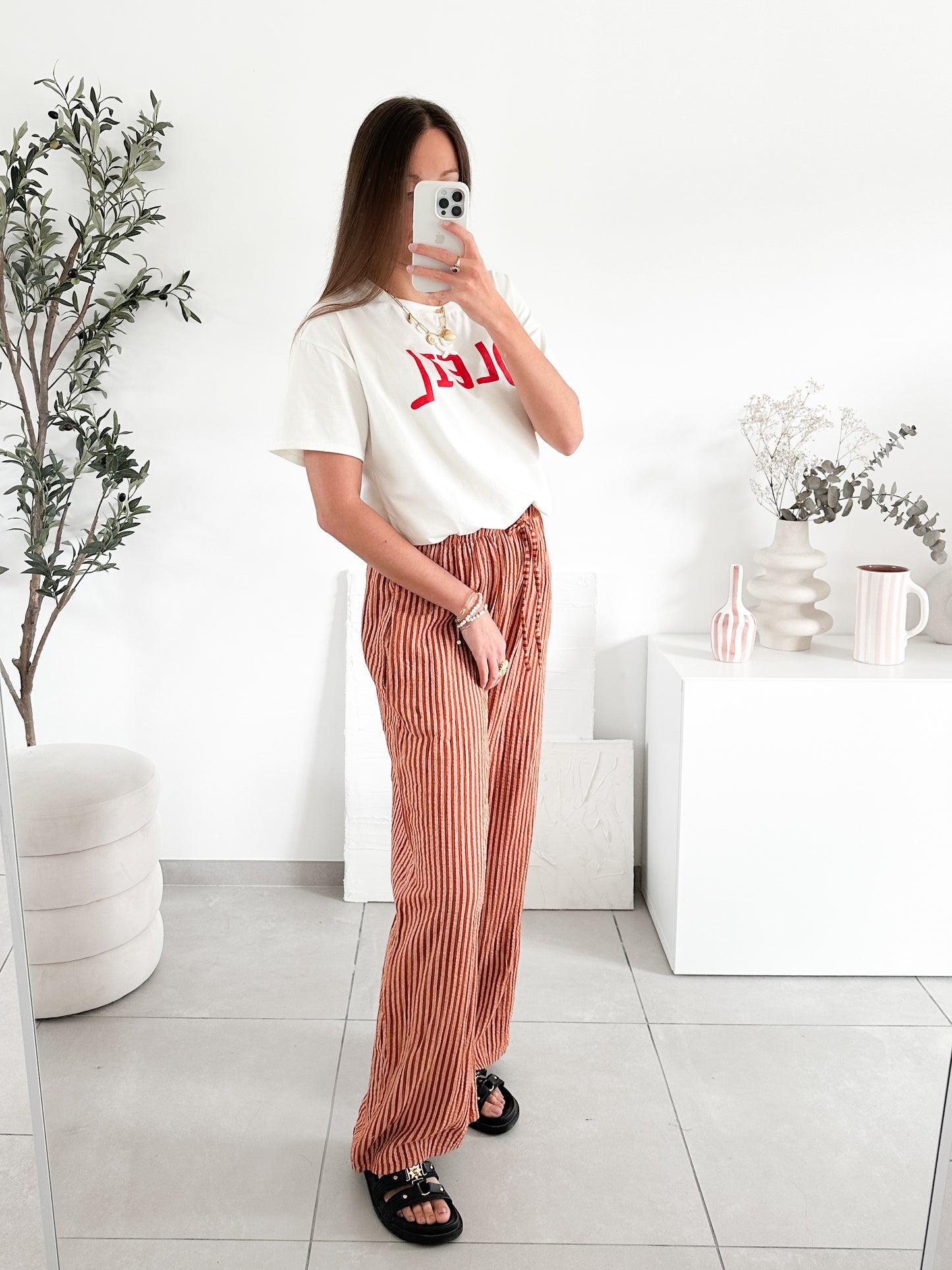 Pantalon en gaze de coton rayé (couleur au choix)