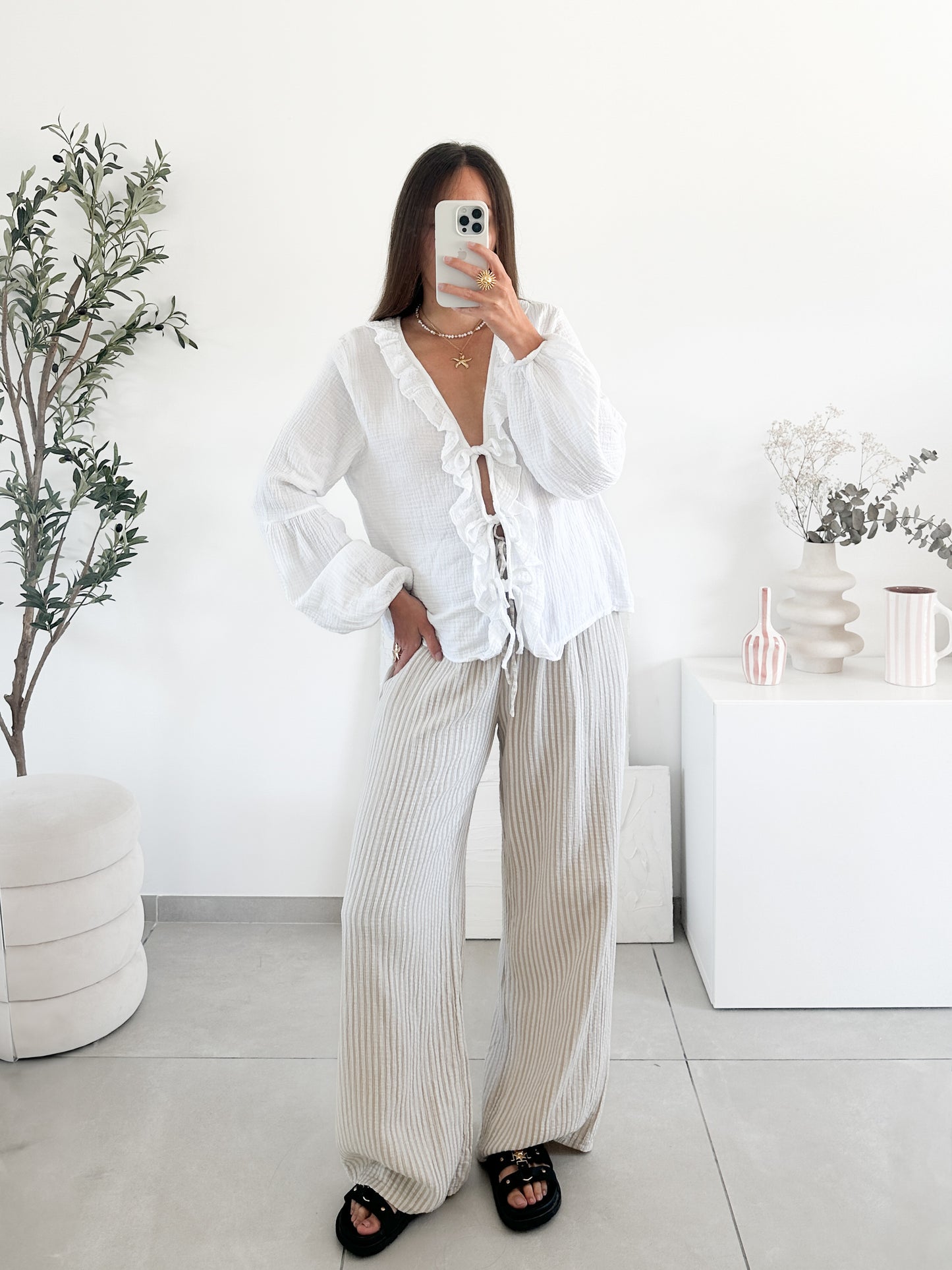 Pantalon en gaze de coton rayé (couleur au choix)