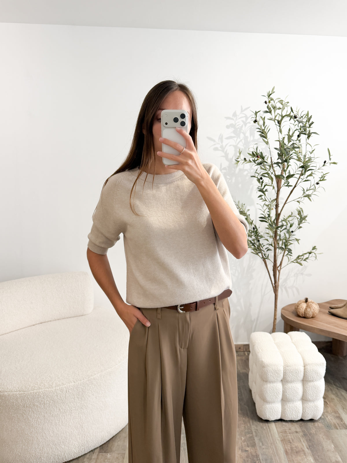 Pull manches courtes beige