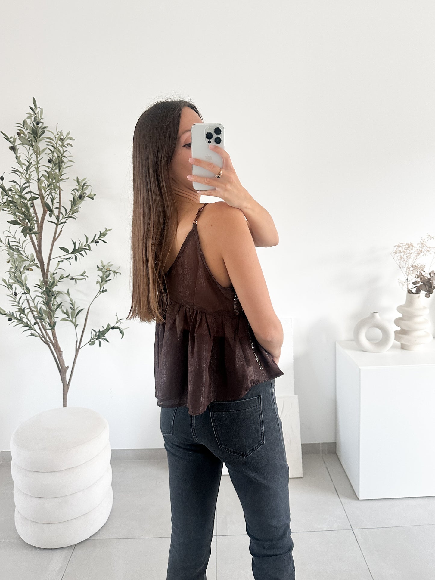 Top à sequin et perles marron