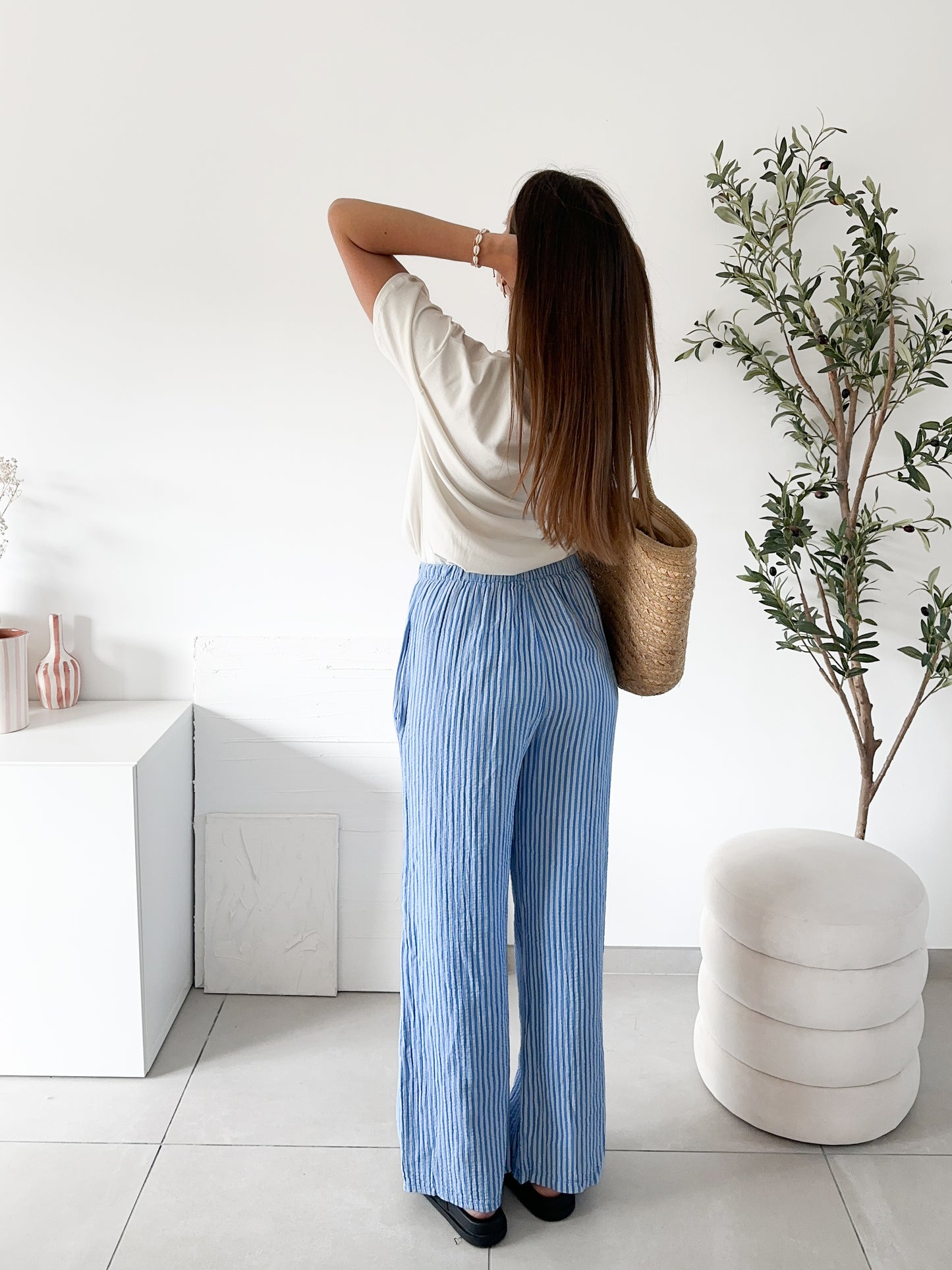 Pantalon gaze de coton rayé bleu