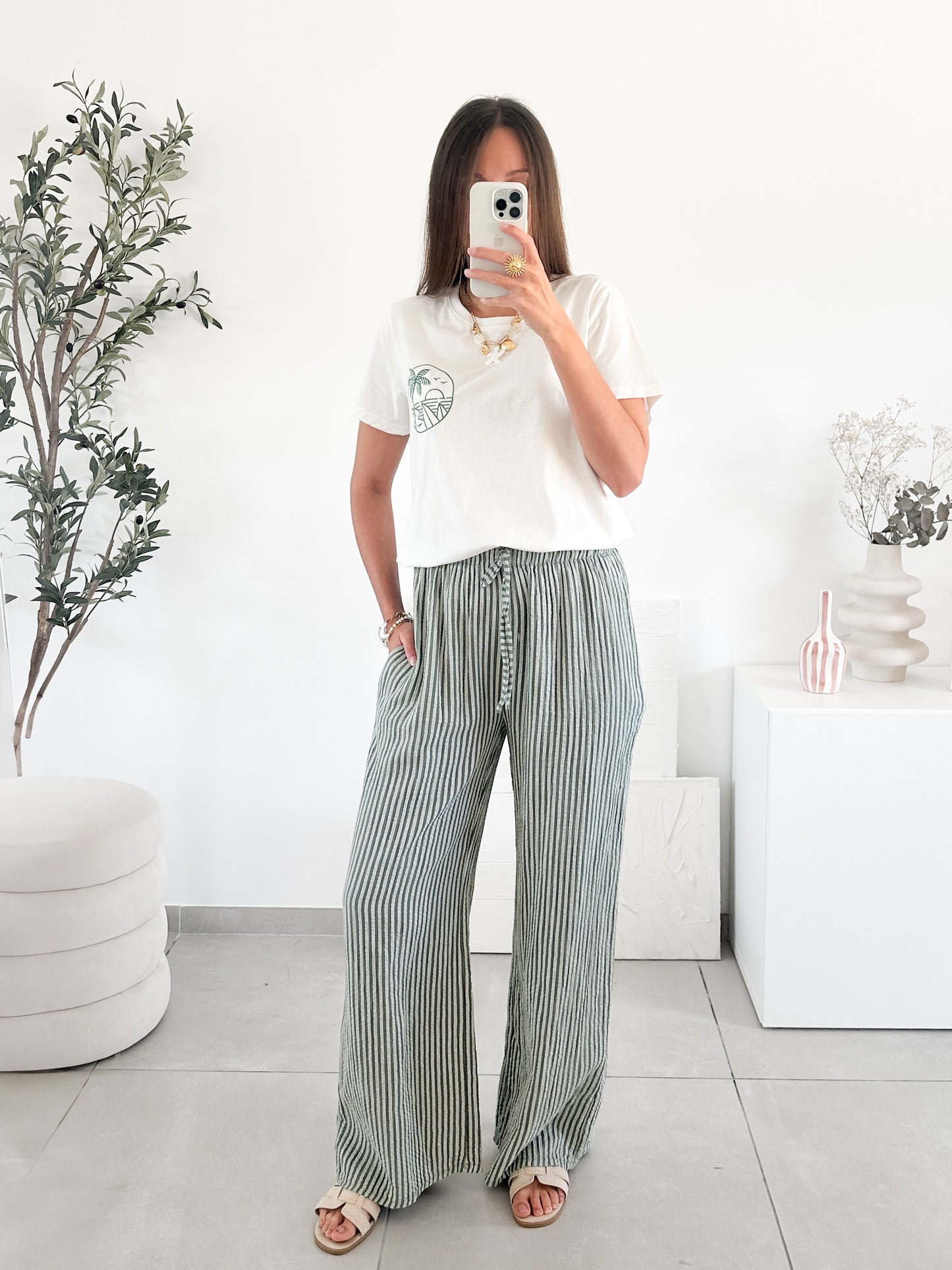 Pantalon en gaze de coton rayé (couleur au choix)