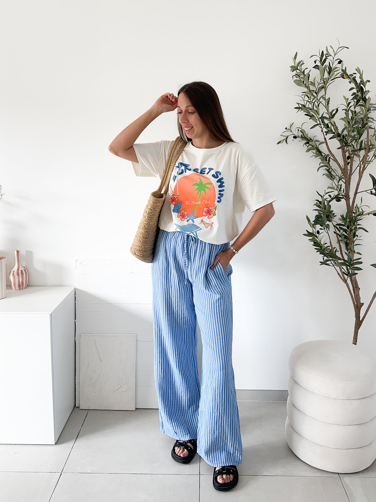Pantalon gaze de coton rayé bleu