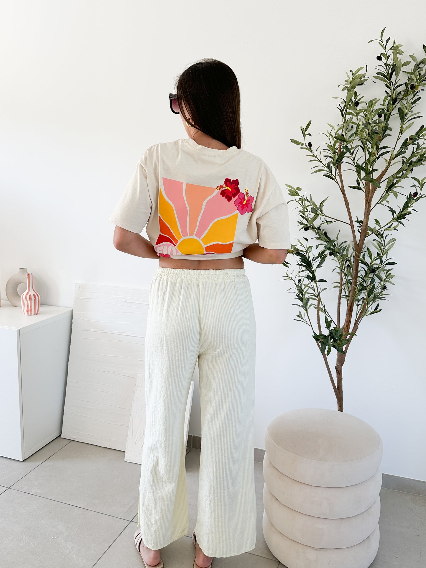 Pantalon en lin rayé jaune