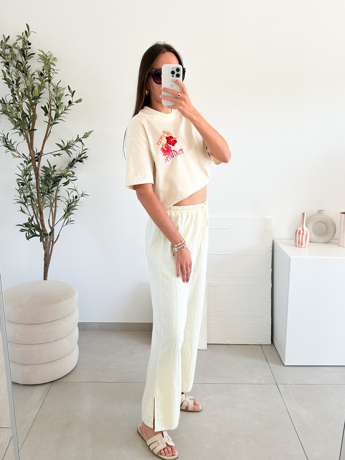 Pantalon en lin rayé jaune