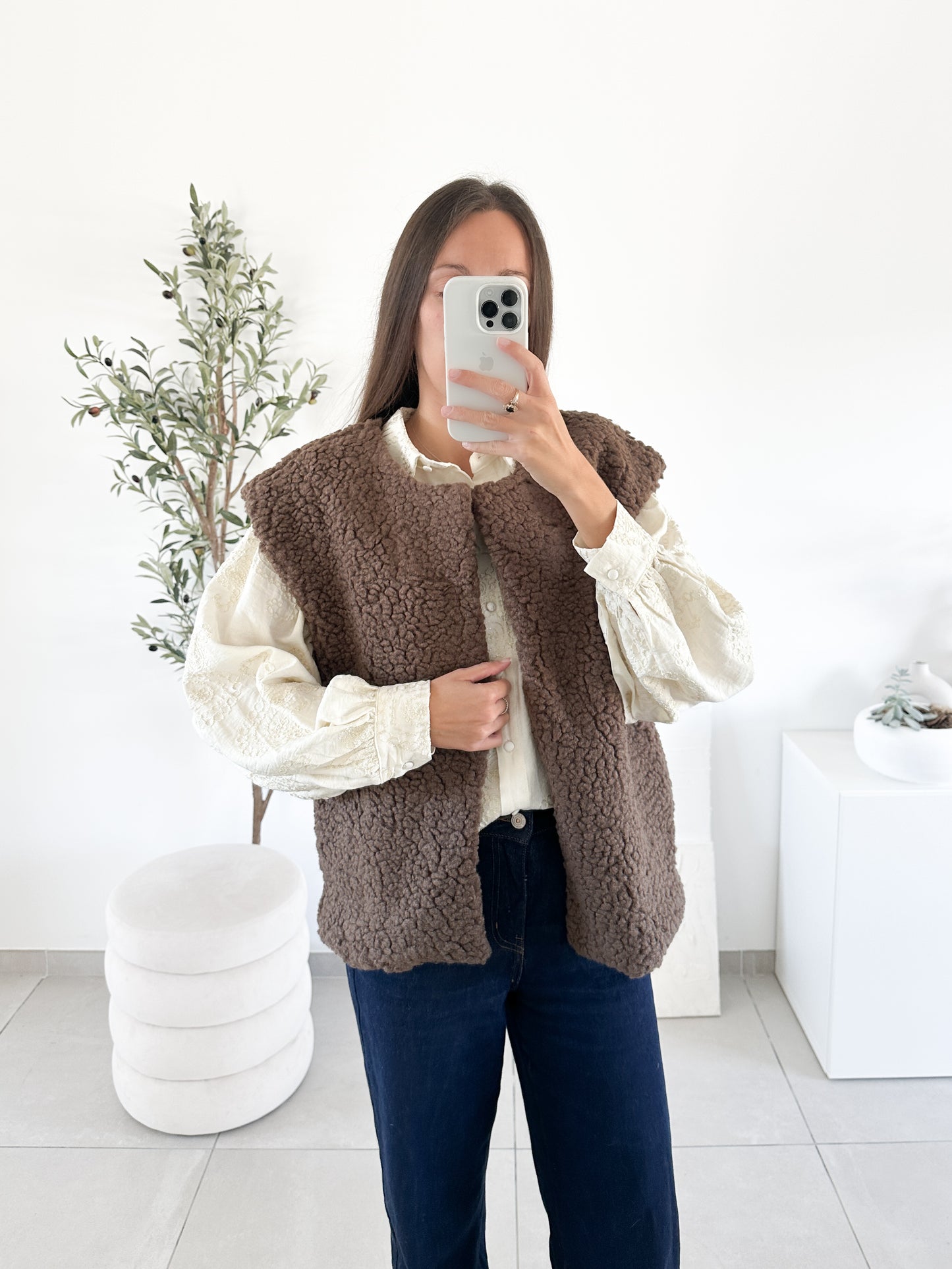 Gilet moumoute sans manche marron