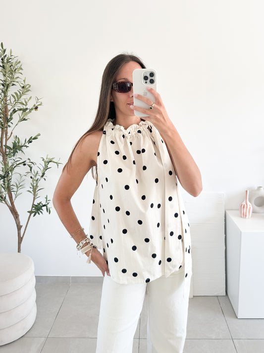 Top Polka en coton blanc