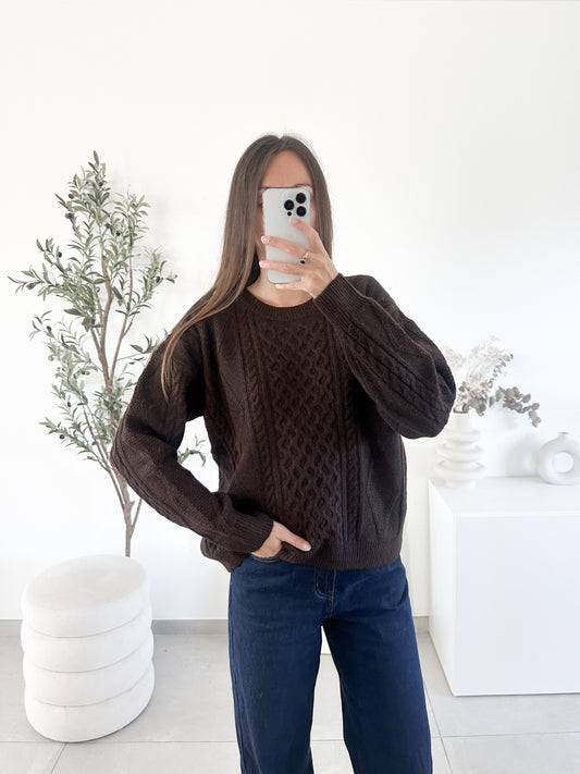 Pull torsade marron chocolat