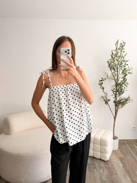 Top en gaze de coton pois blanc