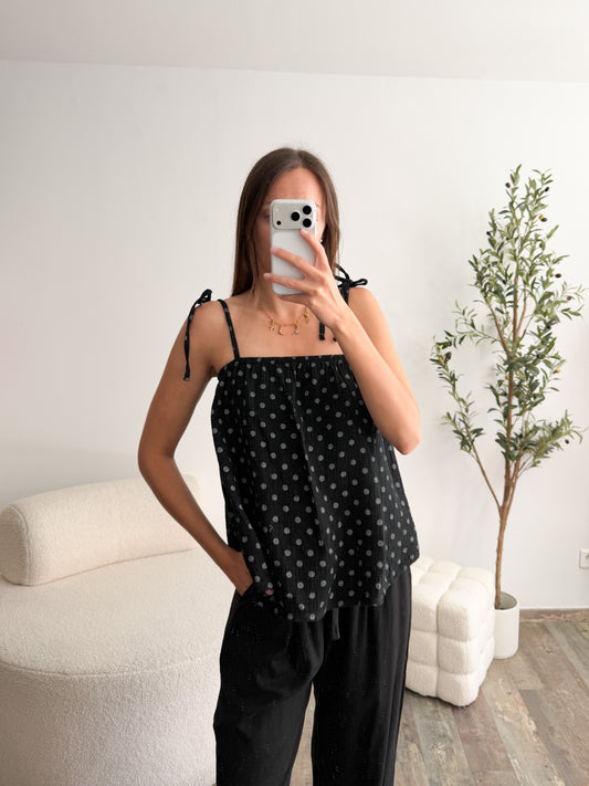 Top en gaze de coton pois noir
