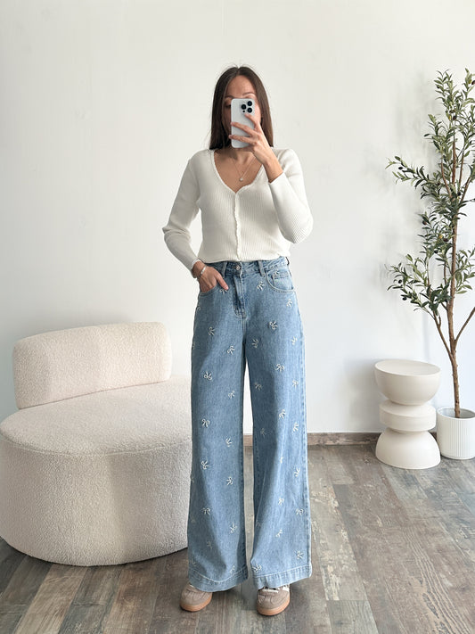 Jean wide leg brodé noeuds