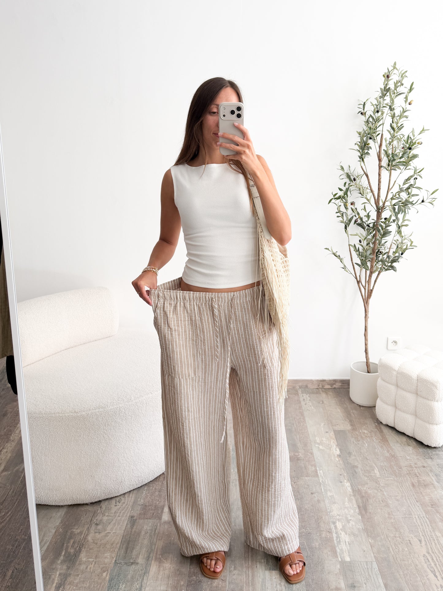 Pantalon rayé léger beige