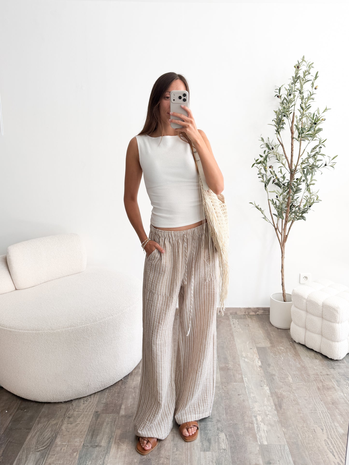 Pantalon rayé léger beige
