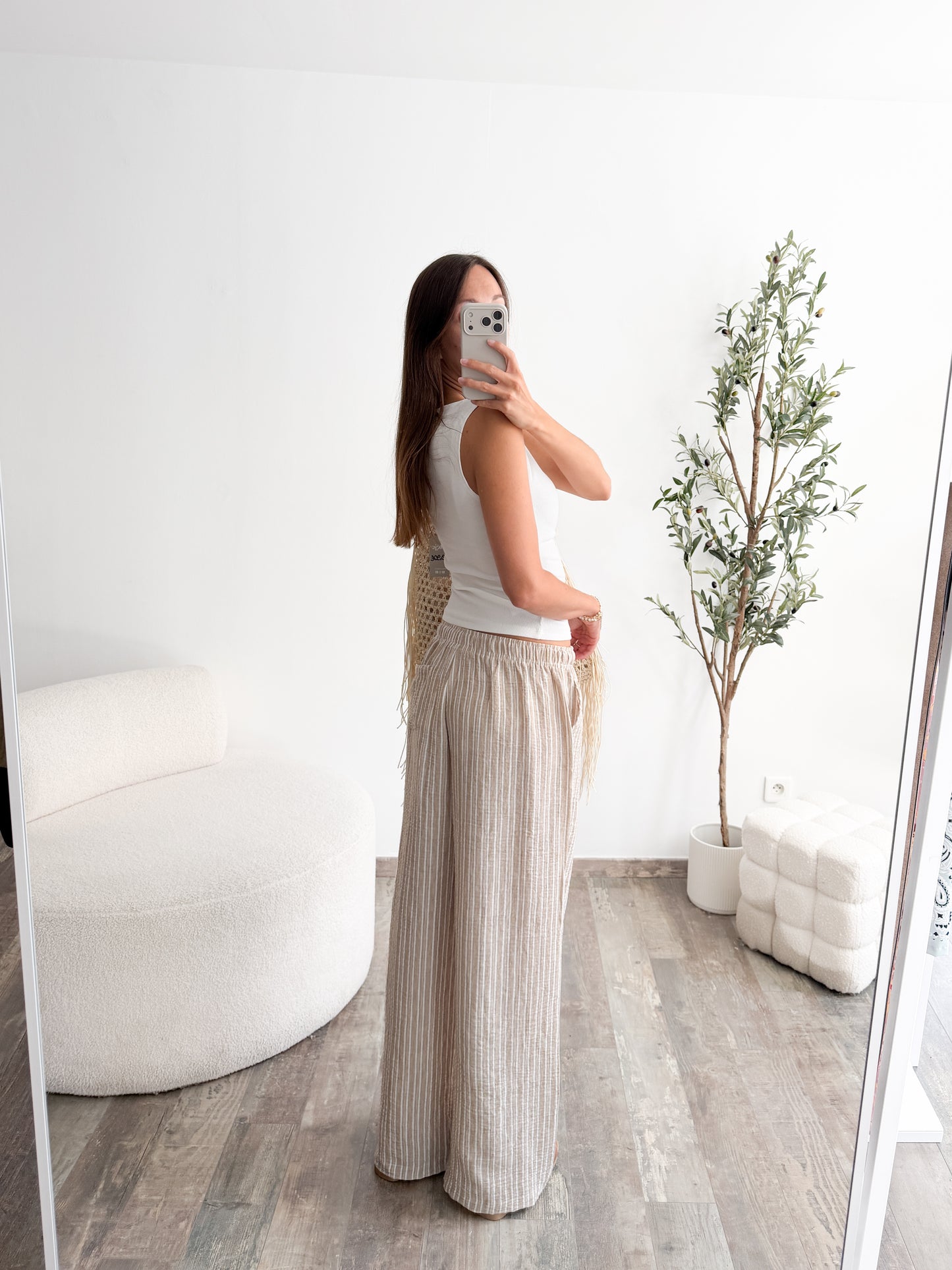 Pantalon rayé léger beige