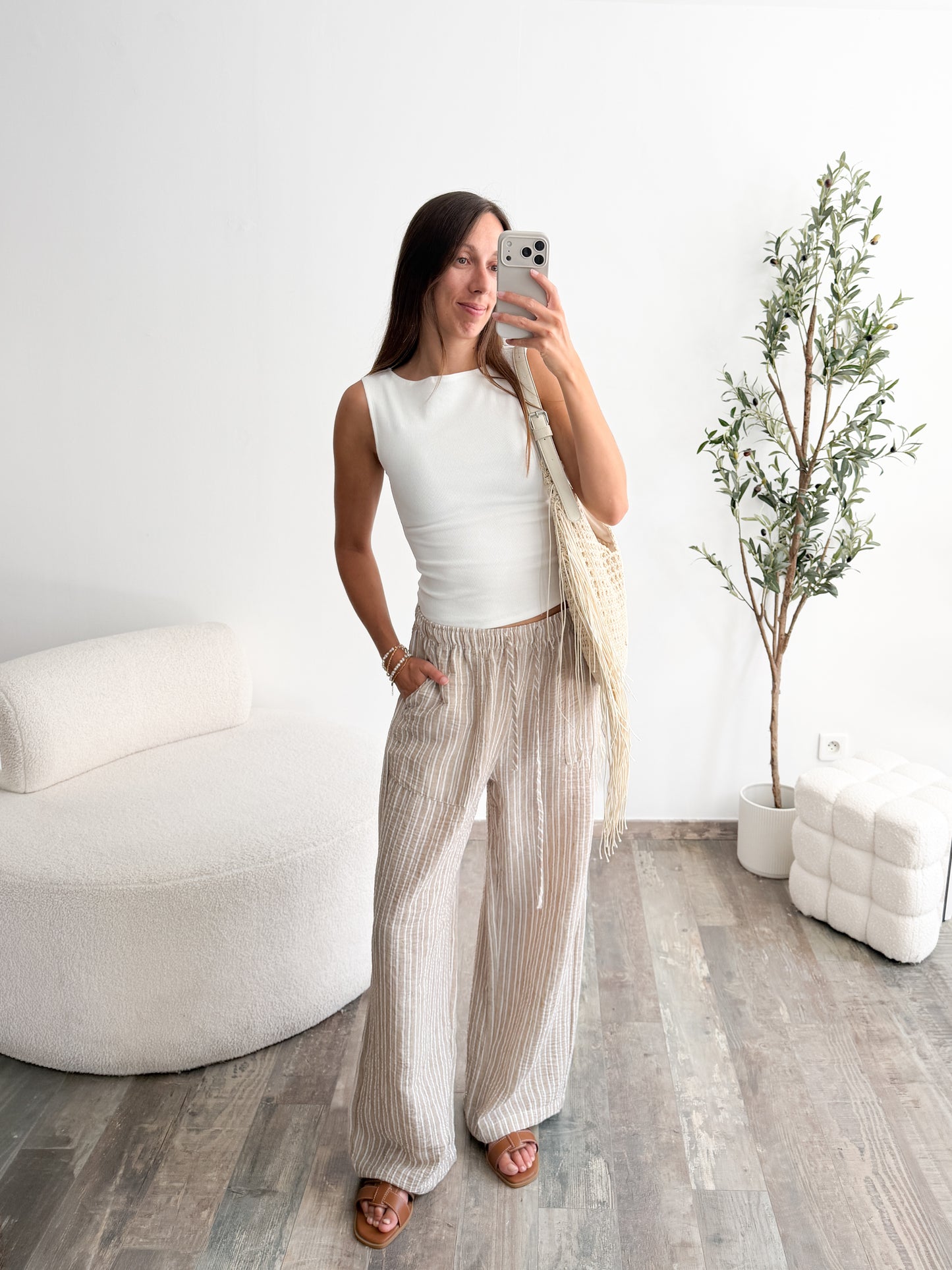 Pantalon rayé léger beige