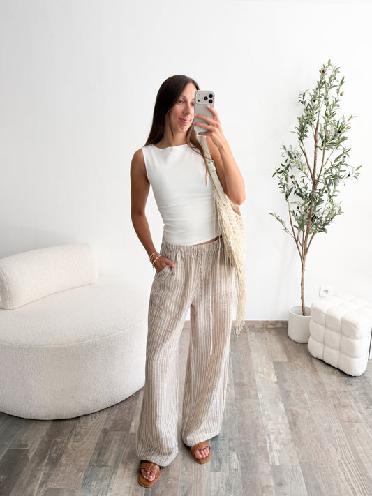 Pantalon rayé léger beige