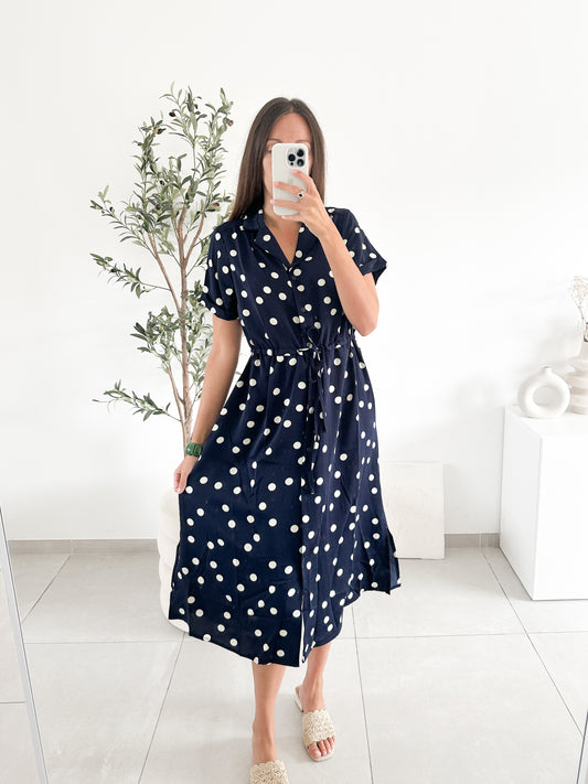 Robe midi à pois bleue marine