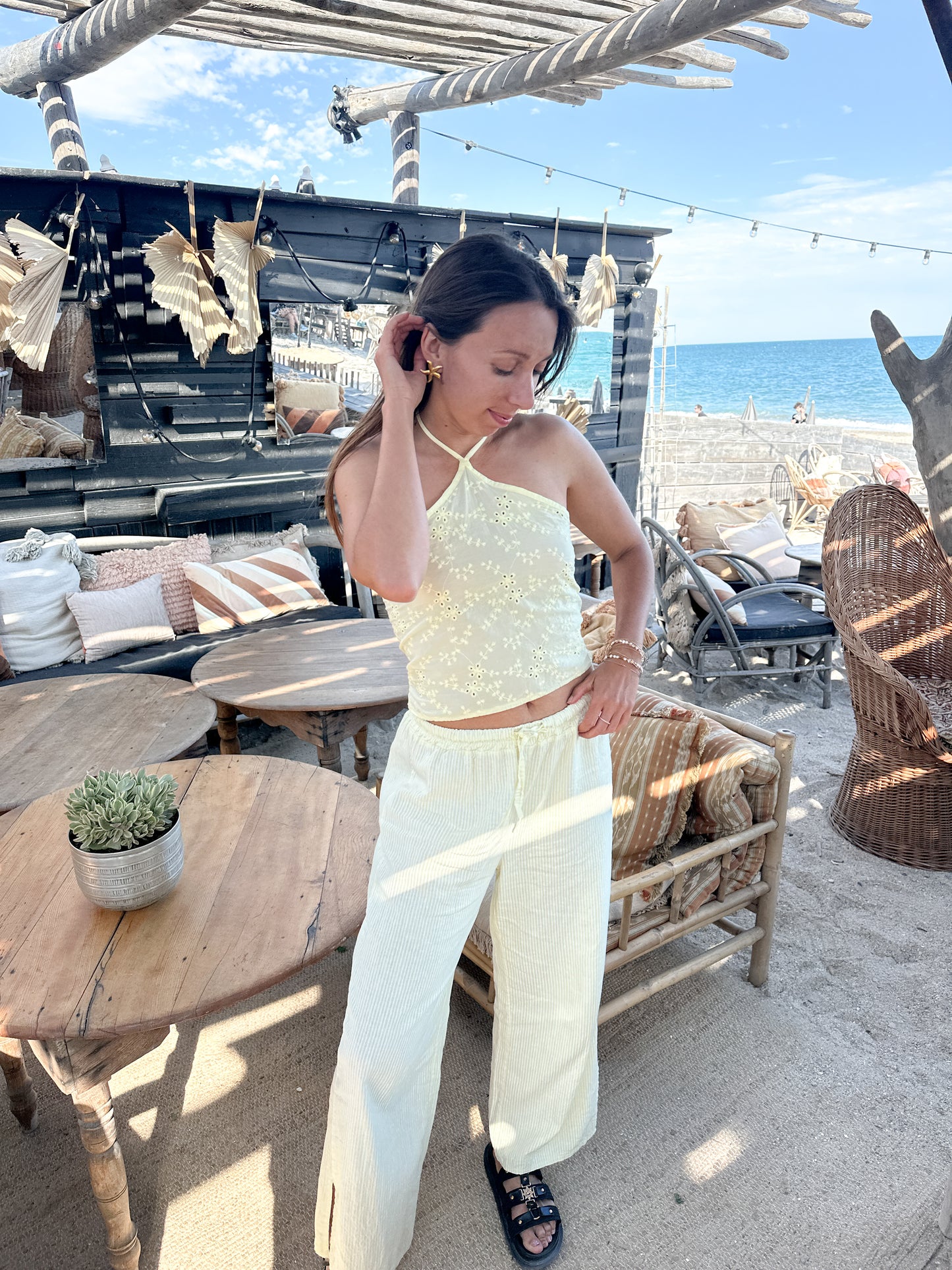 Pantalon en lin rayé jaune